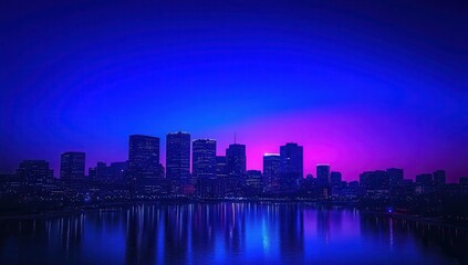 City skyline at dusk with vibrant gradient colors reflecting on calm water surface, showcasing modern architecture and urban beauty