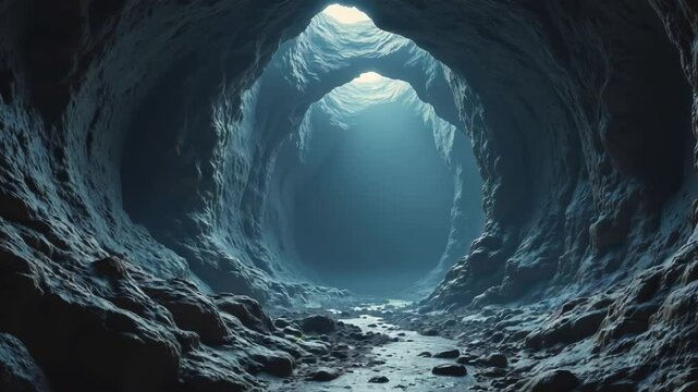 Step into enigmatic abyss of a deep cavern, where darkness shrouds every corner, mysterious shapes dance in shadows