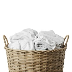 Clean Laundry in Wicker Basket - A wicker laundry basket overflowing with freshly laundered white towels and clothing