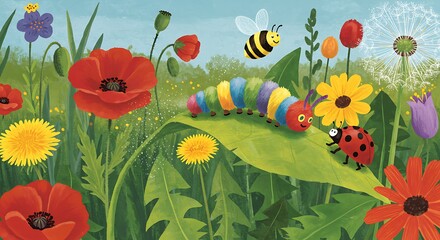 Caterpillar on Leaf with Ladybug and Bee in Floral Field
