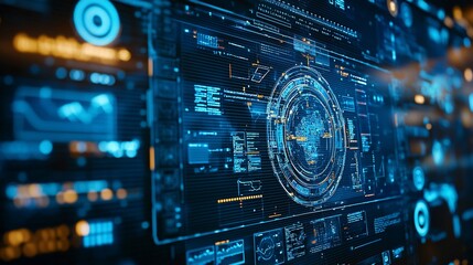 Futuristic digital interface with global data visualization.