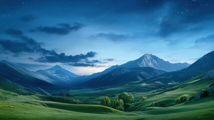 Obraz premium A serene landscape showcases rolling green hills under a starlit sky, with majestic mountains in the background, Ideal for travel articles, nature blogs, or as a peaceful backdrop for presentations,