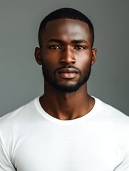 Obraz premium Close up portrait of good-looking serious African man with healthy clean skin wearing white casual t-shirt posing isolated against gray studio wall with copy space for your promotional content
