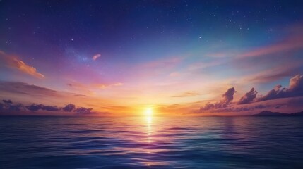 Fototapeta premium A tranquil sunset over calm waters, blending vibrant hues of orange, purple, and pink with a star-studded sky, ideal for use in travel brochures, relaxation themes