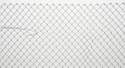 Fototapeta premium Damaged Chain Link Fence - A close-up shot of a damaged chain link fence against a white background. A section near the center is broken