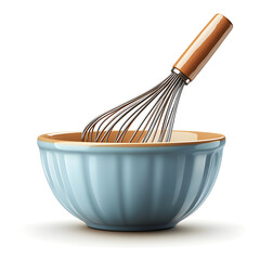 Light blue mixing bowl with whisk resting inside, ready for baking