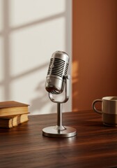 A podcast microphone sits elegantly on a wooden table, framed by a softly glowing background that enhances the ambiance.