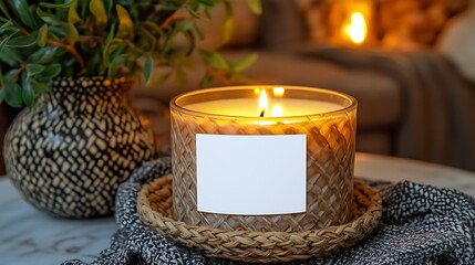 Cozy candle on table by fireplace