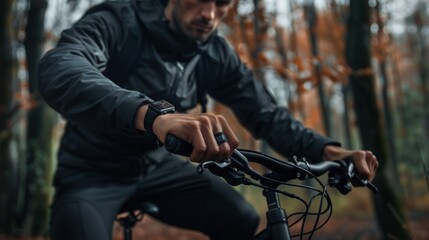 Fototapeta premium Man Riding Mountain Bike in Autumn Forest