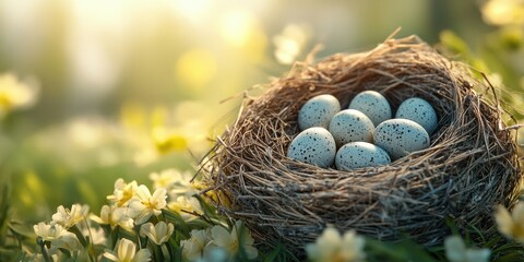 Obraz premium Nest with speckled eggs in a tranquil meadow during golden hour sunlight
