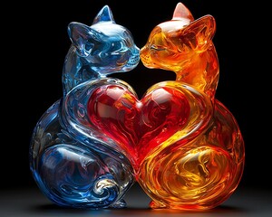 Glass Cats Embrace Heart