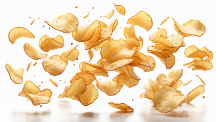Fototapeta premium A Tasty Display of Flying Delicious Potato Chips Isolated for Snack Lovers