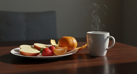 Enjoying Hot Drink with Fresh Fruit on Table in Sunlight