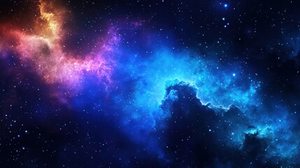 Naklejka premium A vibrant cosmic scene features a colorful nebula with swirling gas clouds and countless stars, perfect for use in space-related media, educational materials, or as a captivating background,