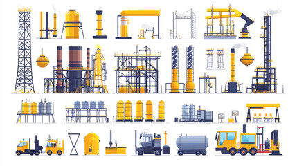 Obraz premium The image showcases various industrial structures and machinery, primarily in yellow and gray, representing construction and manufacturing environments.