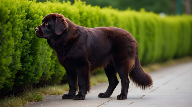 Majestic Brown Newfoundland Dog Sniffing Green Bush Outdoor Portrait