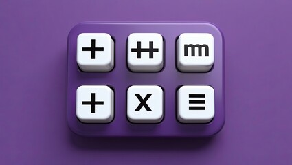 Three-dimensional calculator buttons with an icon for plus, minus, multiply, and equal set against a purple background
