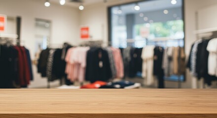 Obraz premium Empty Wooden Table in Clothing Store - A light brown wooden table in front of a blurred background of clothing racks in a store. Perfect for product placement