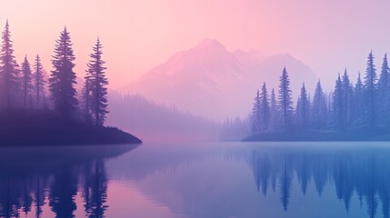 Fototapeta premium Serene morning fog over a tranquil lake surrounded by lush pine trees.