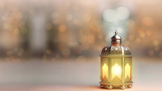 Golden lantern with blurry lights background