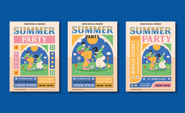 Street concert posters set. Advertisement flyers of music event. Musicians play musical instruments, singer sings song. Design of promo placard to jazz band performance. Flat vector illustrations - Powered by Adobe