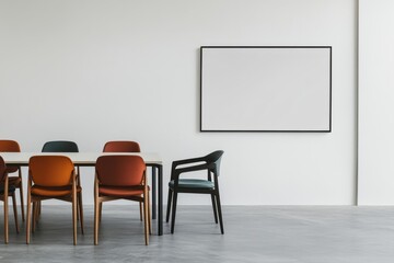 A white, modern office interior with panoramic windows and a concrete floor, an empty wall for text or graphics