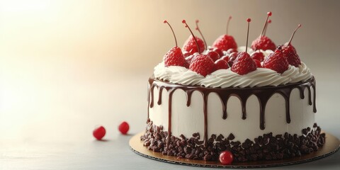 Delicious raspberry chocolate cake with whipped cream and cherries ready to serve