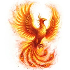 Obraz premium Fiery Phoenix Bird Fantasy Art - A majestic phoenix, engulfed in flames, symbolizes rebirth, immortality, power, and transformation. Its vibrant plumage and graceful pose evoke a sense of wonder