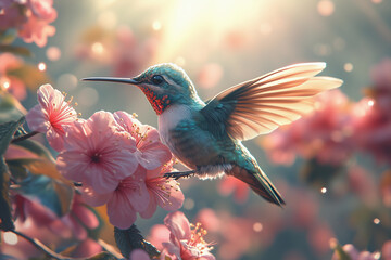 Fototapeta premium a hummingbird flying over a pink flower with a blue sky background and sun shining through the wings of the flower