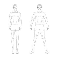 Two male line technical drawing croquis figures in two poses for flat fashion sketches and cads. Normal size vector mannequin design. 
