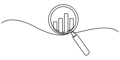 continuous line magnifying glass and bar graph business.looking icon,fast growing business.vector one line drawing, Continuous one line drawing of increasing up arrows bar graph and magnifying glass. 
