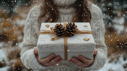 Child holding Christmas gift in snow