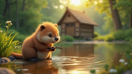 AI-generated images of a 3D animation-style cute baby Beaver