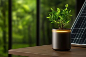 Modern portable power station enhances comfort in home with sustainable energy solutions from solar panels outside window