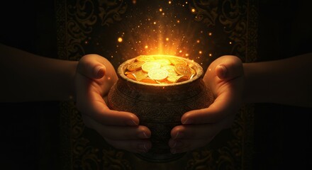 Hands Holding a Pot of Gold Coins - Close-up of hands gently cradling an antique pot overflowing with glowing gold coins, magical light emanating from within