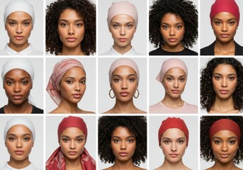A grid of diverse women with different skin tones and hair colors, all looking directly at the camera with various expressions on a white background.

