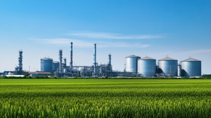 An industrial plant with silver tanks and pipes surrounded by green fields under a blue sky