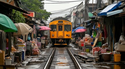 A slow train passed through Bangkok's Mae Klong Railway Market on November 18, 2024.  Vendors with umbrellas sheltered their goods as the train carefully moved along the tracks.
