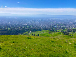Obraz premium A vibrant green slope with scattered trees opens up to a view of Silicon Valley suburban expanse, bordered by hazy mountain ridges from Sierra Vista Open Space Preserve