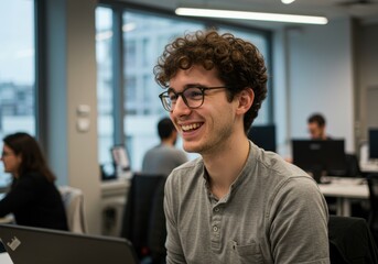 Fototapeta premium A young man with curly brown hair and glasses, smiling while sitting at a desk with a laptop and backpack, in a bright office with natural light and modern decor.