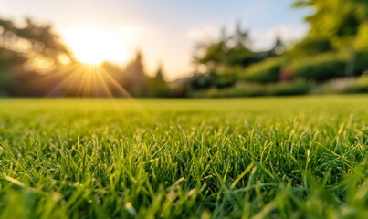 Beautiful green grass meadow with a blue sky and sunlight in the background. The green field is suitable for a garden or park landscape design banner template