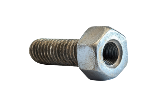 A close-up view of a metallic bolt resting on a clean surface illuminated by natural light isolated on transparent background
