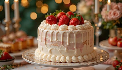 Delicious strawberry cake presentation at a lovely event, close-up shot of the festive setting, and dessert inspiration