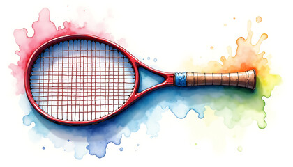 Watercolor tennis racket with colorful splash background