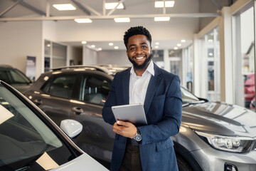 Portrait of smiling interracial salesman using tablet at car showroom while looking at camera.