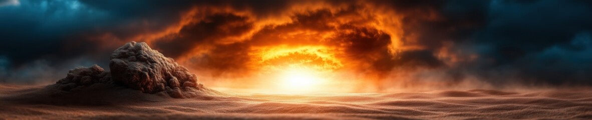 Obraz premium Dramatic sunset illuminates rocky landscape under vibrant clouds in a serene, barren desert environment