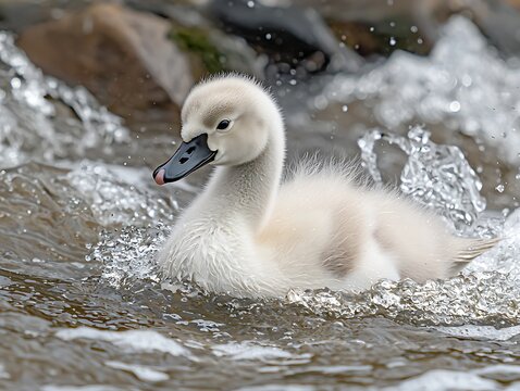 Fluffy cygnet splashes in river