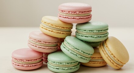 Pastel Macarons Stack Delight - A delightful stack of pastel-colored macarons, symbolizing sweetness, delicacy, artistry, elegance, and French pastry perfection