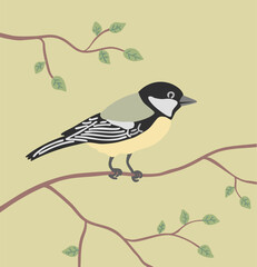 Obraz premium Little forest tit. Bird on a tree branch. Flying feathered. Animals, nature and ornithology. Cartoon vector illustration