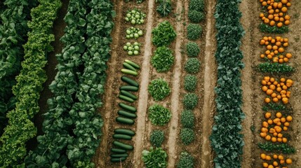 Aerial view of a diverse vegetable garden with rows of produce